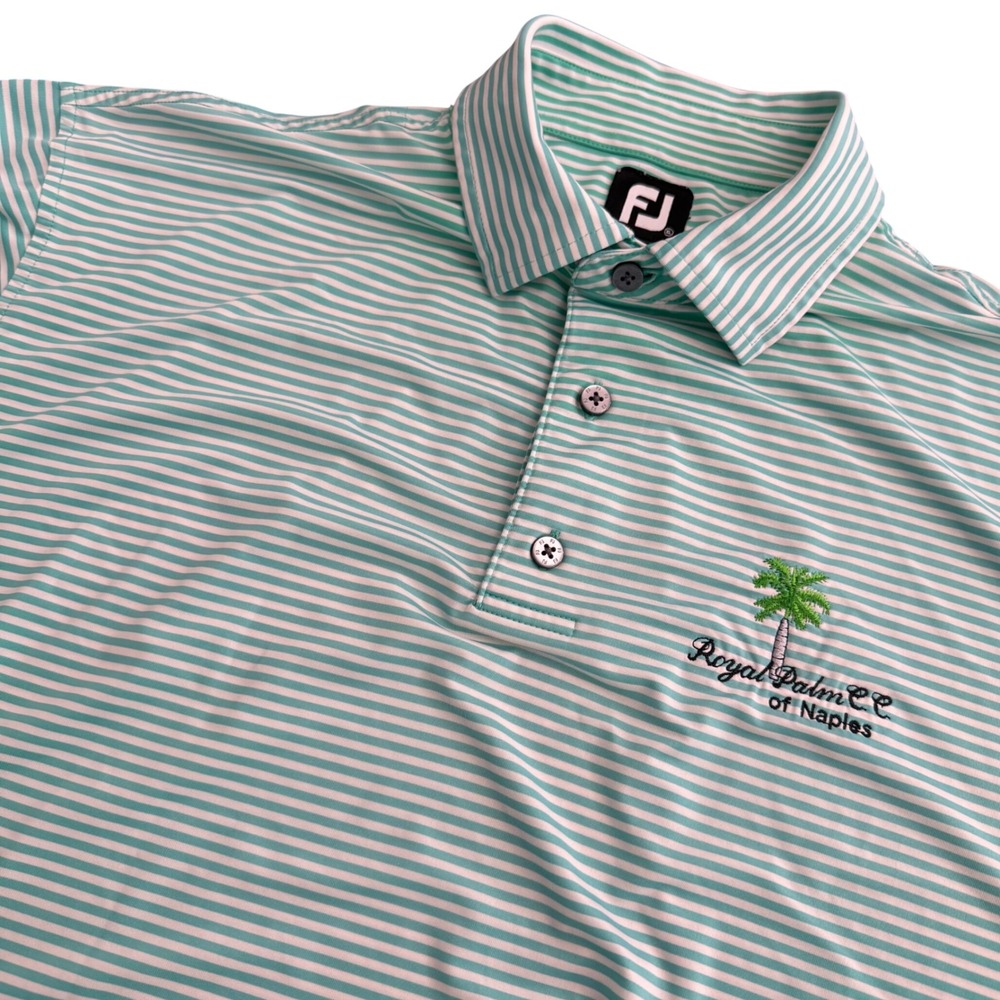 FootJoy‎ Mens XL Striped Golf Polo Royal Palm CC Naples Green White Short Sleeve